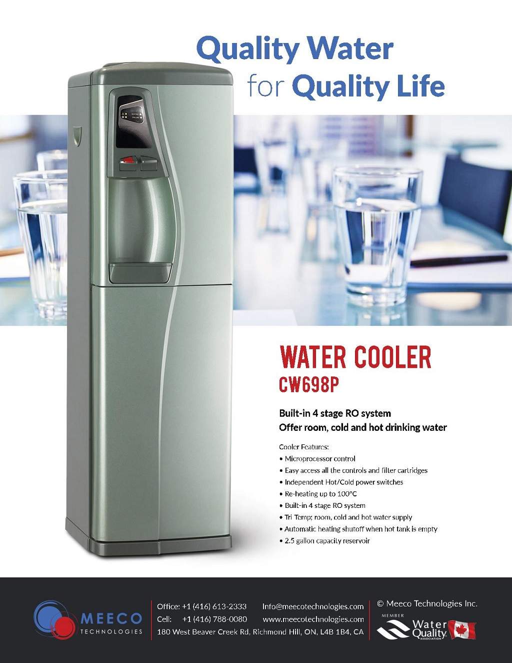 MeecoTechnologies® Water Cooler CW698, Built-in 4 stage RO system Offer room, cold and hot drinking water.